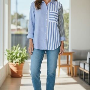 Blue Striped Button-Up sear sucker Shirt
